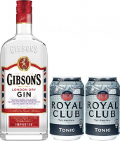 Джин Gibson's London Dry сухий 37.5% 0.7 л  +Тонік Royal Club газований напій безалкогольний 0% 0.33л*2 банки ж/б 