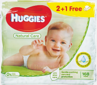 Дитячі серветки вологі гігієнічні Huggies Natural Care 2+1, 168 шт.
