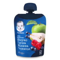 Пюре Nestle Gerber фруктове ябл.,груша,мал.,чорн. пауч 90г
